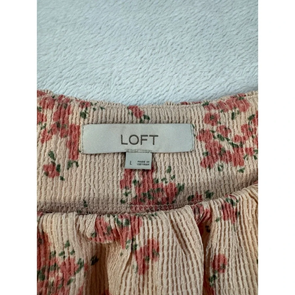 LOFT Women's Large Pink‎ Floral Square Neck Puff Sleeve Blouse Cottage Coquette